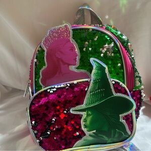 Wicked Mini Backpack  Glinda Elphaba Purse Handbag Movie Pink Green Sequins.
